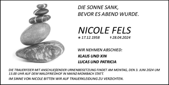 Traueranzeige von Nicole Fels von Allgemeine Zeitung Mainz