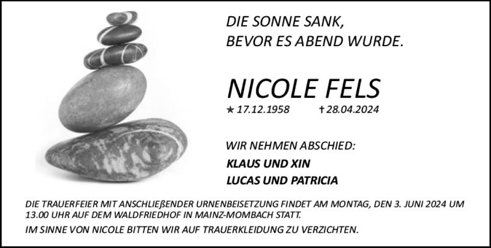  Traueranzeige für Nicole Fels vom 25.05.2024 aus Allgemeine Zeitung Mainz