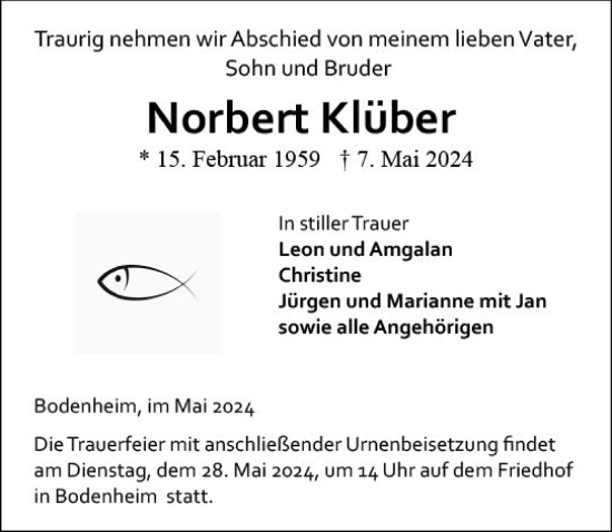 Traueranzeige von Norbert Klüber von Allgemeine Zeitung Mainz