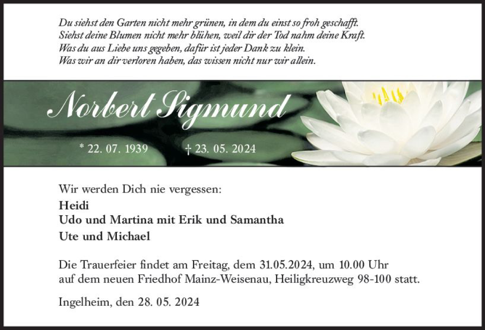  Traueranzeige für Norbert Sigmund vom 28.05.2024 aus Allgemeine Zeitung Bingen/Ingelheim
