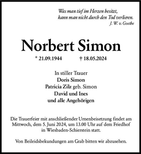 Traueranzeige von Norbert Simon von Wiesbadener Kurier