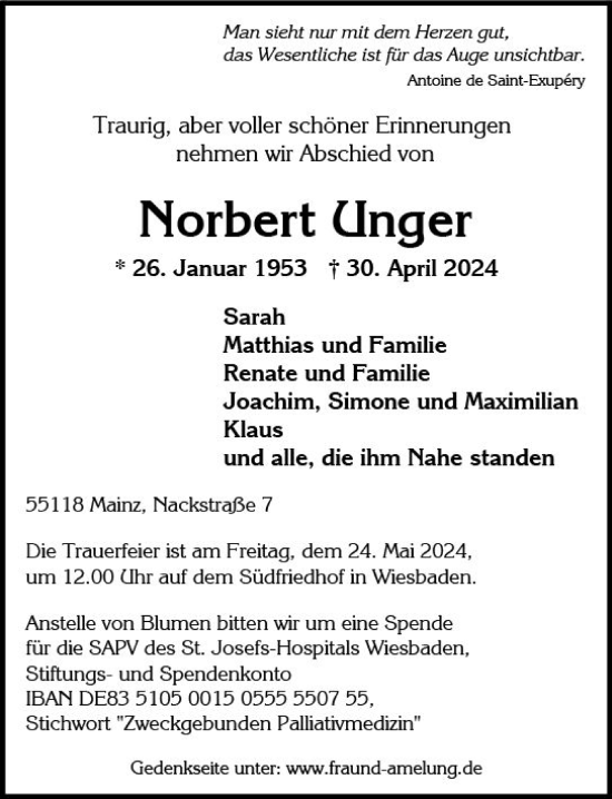 Traueranzeige von Norbert Unger von Wiesbadener Kurier