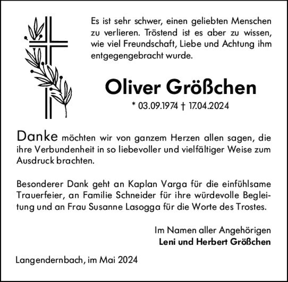 Traueranzeige für Oliver Größchen vom 18.05.2024 aus Nassauische Neue Presse
