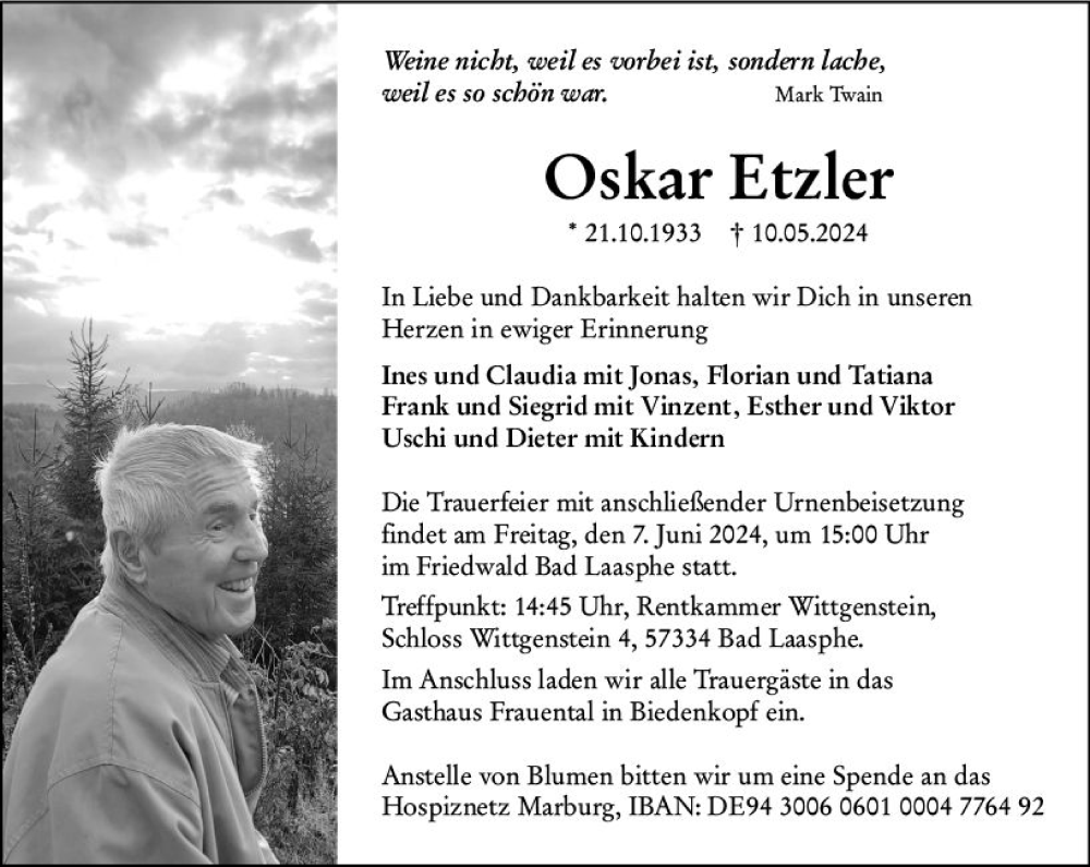  Traueranzeige für Oskar Etzler vom 18.05.2024 aus Hinterländer Anzeiger