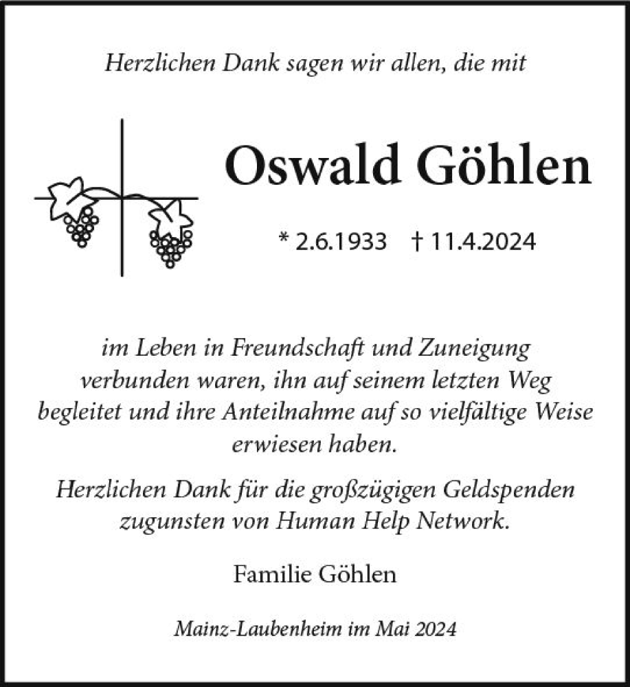  Traueranzeige für Oswald Göhlen vom 25.05.2024 aus Allgemeine Zeitung Mainz