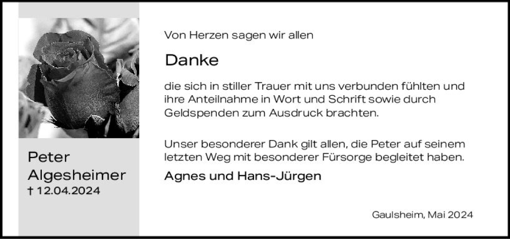  Traueranzeige für Peter Algesheimer vom 18.05.2024 aus Allgemeine Zeitung Bingen/Ingelheim