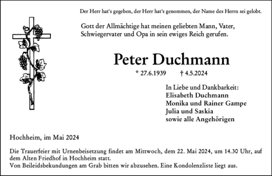 Traueranzeige von Peter Duchmann von Hochheimer Zeitung