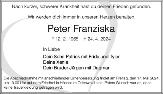 Traueranzeige von Peter Franziska von Odenwälder Echo