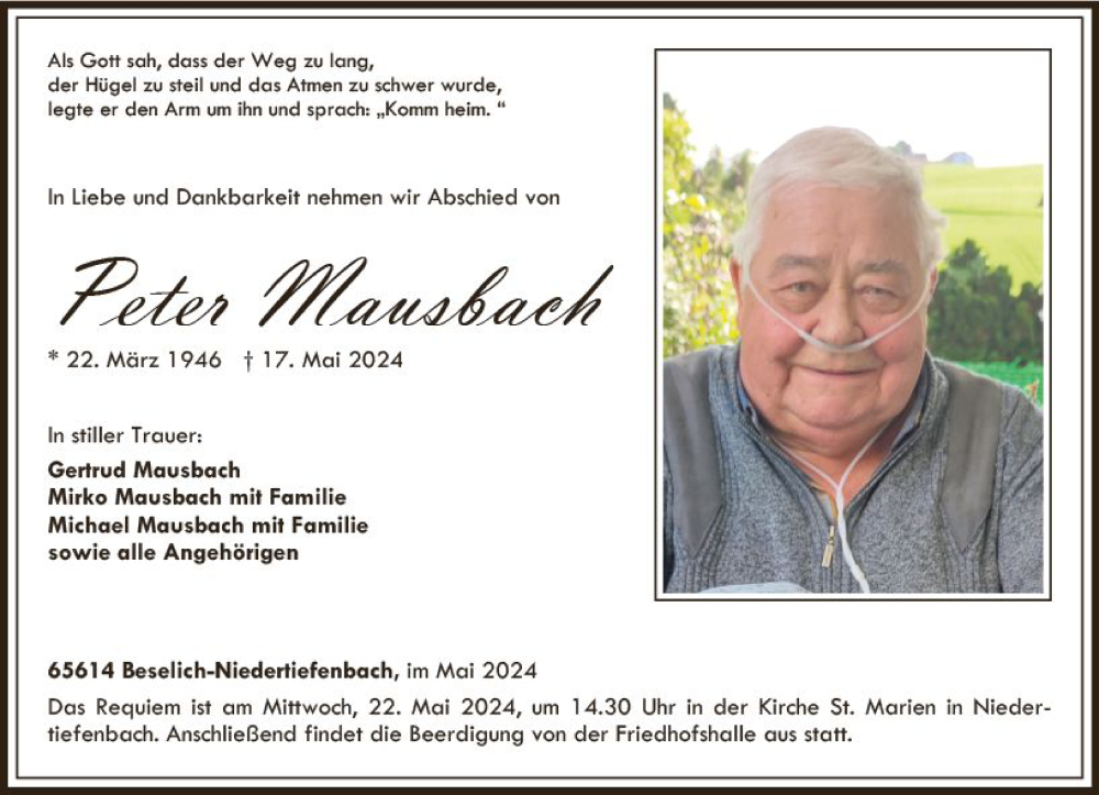  Traueranzeige für Peter Mausbach vom 18.05.2024 aus Nassauische Neue Presse