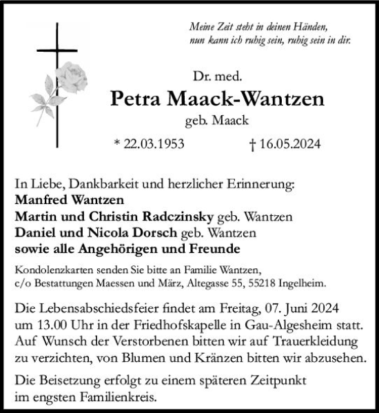 Traueranzeige von Petra Maack-Wantzen von Allgemeine Zeitung Bad Kreuznach
