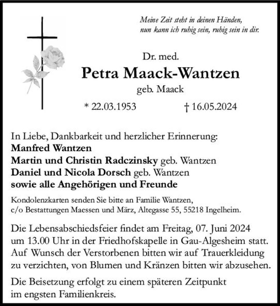  Traueranzeige für Petra Maack-Wantzen vom 25.05.2024 aus Allgemeine Zeitung Bad Kreuznach