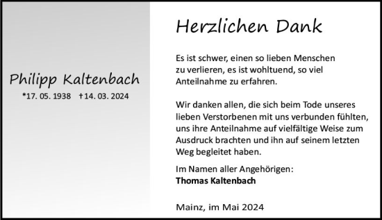 Traueranzeige von Philipp Kaltenbach von Allgemeine Zeitung Mainz