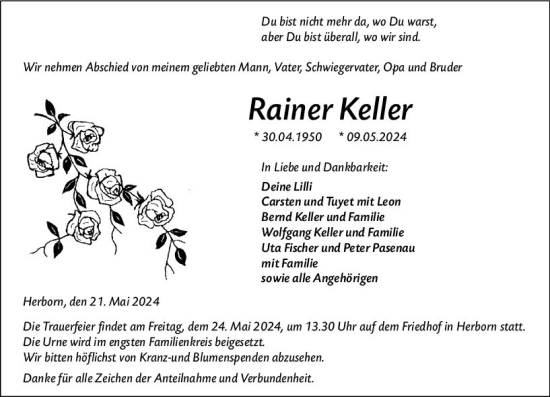 Traueranzeige von Rainer Keller von Dill Block