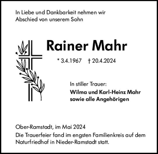 Traueranzeige von Rainer Mahr von Darmstädter Echo