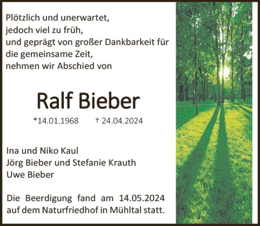  Traueranzeige für Ralf Bieber vom 25.05.2024 aus Darmstädter Echo