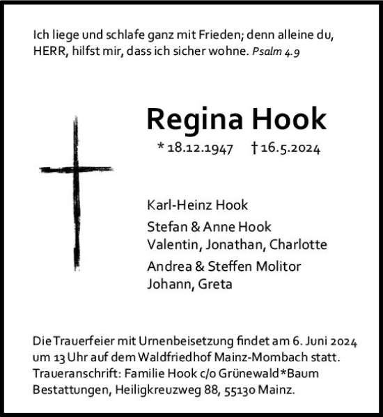 Traueranzeige von Regina Hook von Allgemeine Zeitung Mainz