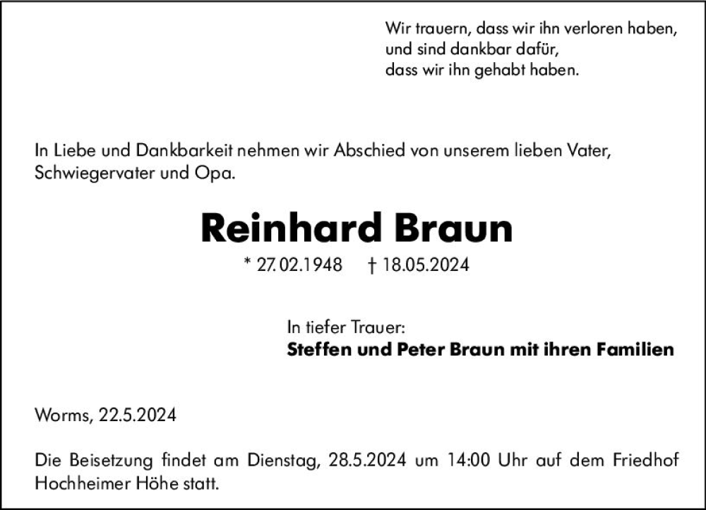  Traueranzeige für Reinhard Braun vom 23.05.2024 aus Wormser Zeitung