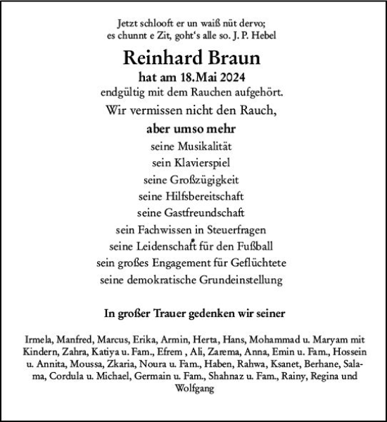 Traueranzeige von Reinhard Braun von Wormser Zeitung