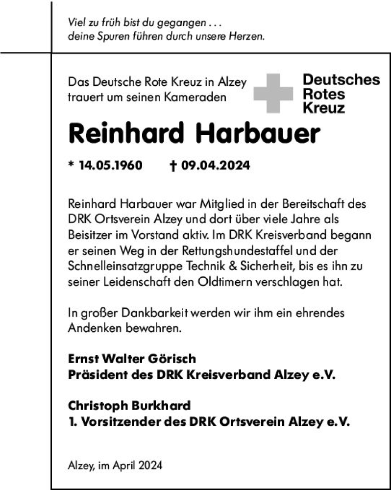  Traueranzeige für Reinhard Harbauer vom 04.05.2024 aus Allgemeine Zeitung Alzey