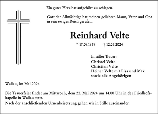 Traueranzeige von Reinhard Velte von Hinterländer Anzeiger