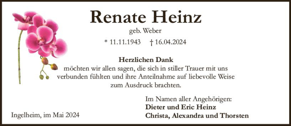  Traueranzeige für Renate Heinz vom 25.05.2024 aus Allgemeine Zeitung Bingen/Ingelheim