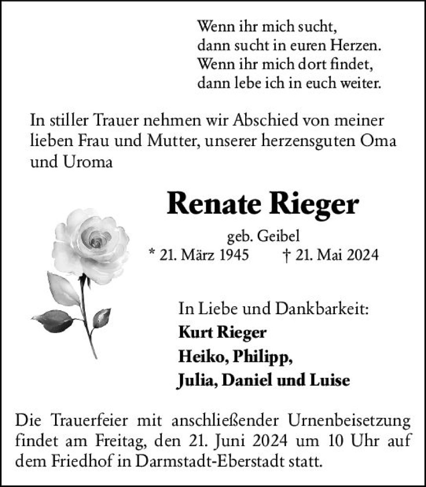  Traueranzeige für Renate Rieger vom 01.06.2024 aus Darmstädter Echo