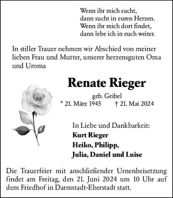 Traueranzeige von Renate Rieger von Darmstädter Echo