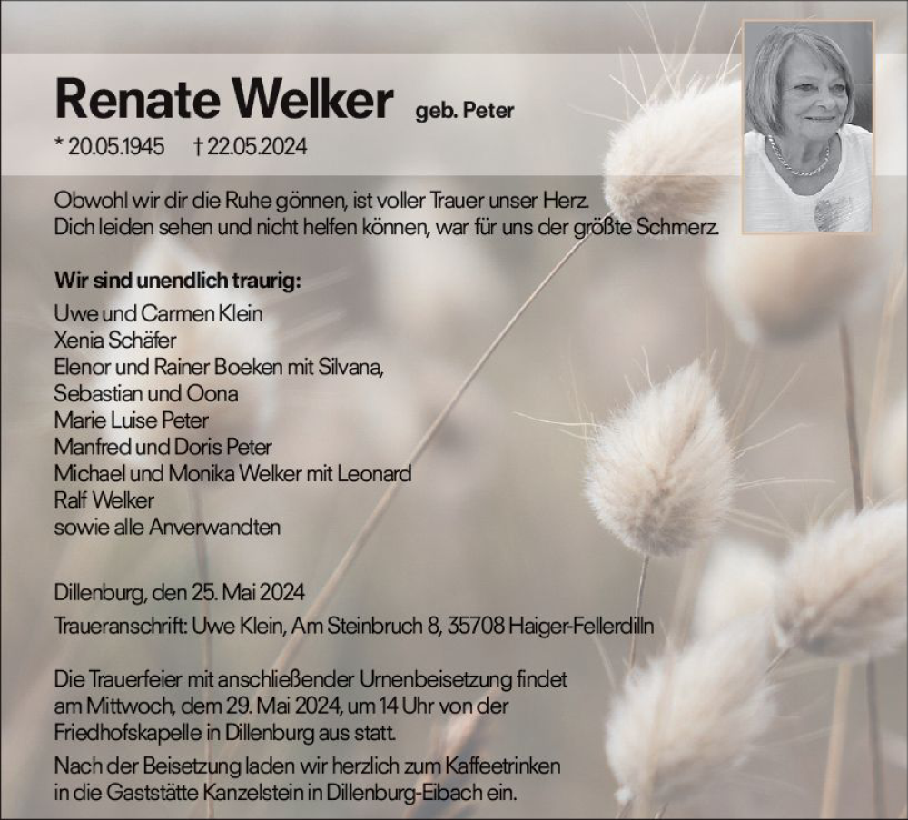  Traueranzeige für Renate Welker vom 25.05.2024 aus Dill Block