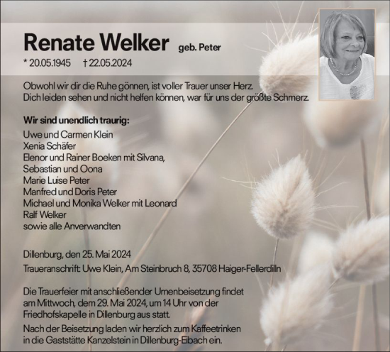 Traueranzeige von Renate Welker von Dill Block