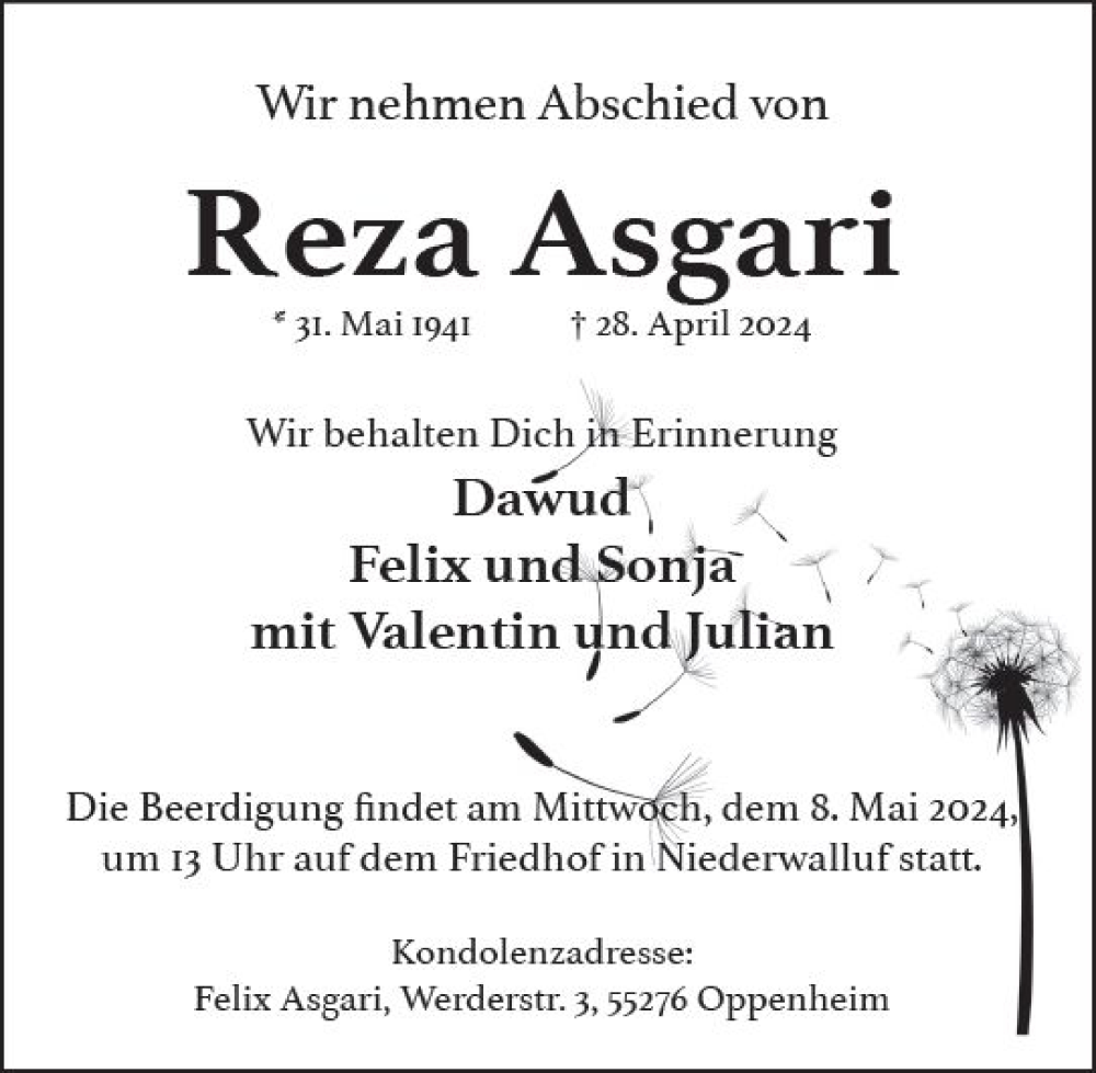  Traueranzeige für Reza Asgari vom 04.05.2024 aus Rheingau Kurier