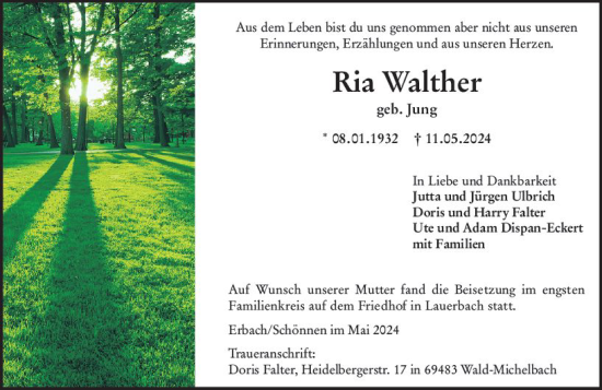 Traueranzeige von Ria Walther von Odenwälder Echo
