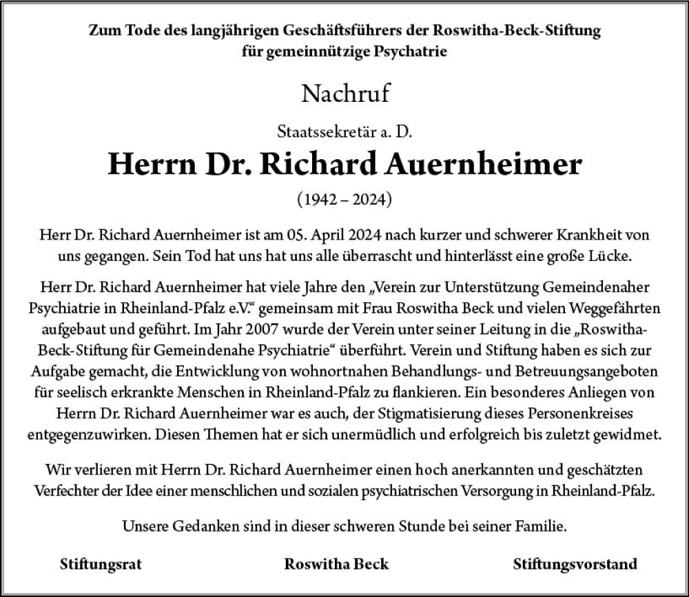  Traueranzeige für Richard Auernheimer vom 04.05.2024 aus Allgemeine Zeitung Alzey