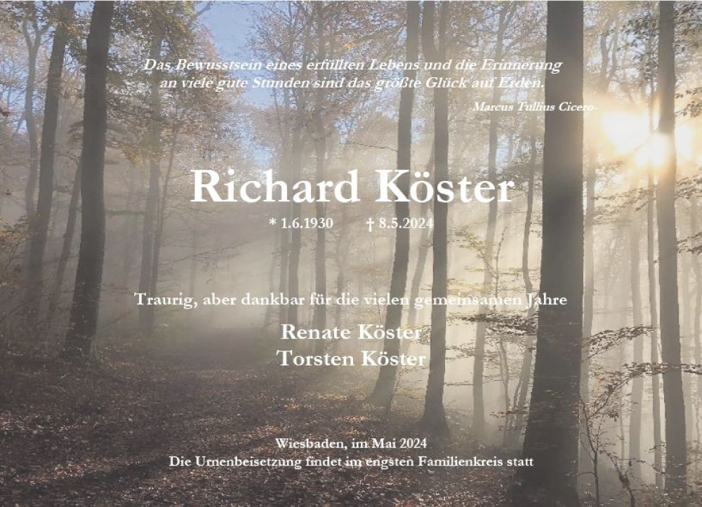  Traueranzeige für Richard Köster vom 18.05.2024 aus Wiesbadener Kurier