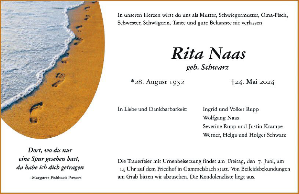  Traueranzeige für Rita Naas vom 01.06.2024 aus Odenwälder Echo