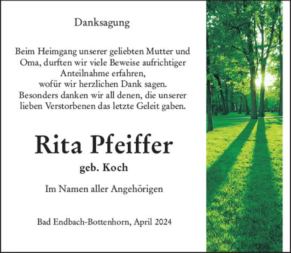  Traueranzeige für Rita Pfeiffer vom 04.05.2024 aus Hinterländer Anzeiger