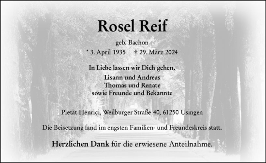 Traueranzeige von Rosel Reif von Camberger Anzeiger