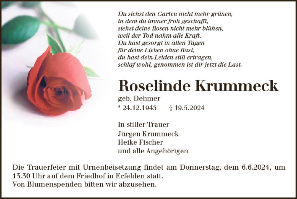  Traueranzeige für Roselinde Krummeck vom 01.06.2024 aus Groß-Gerauer Echo