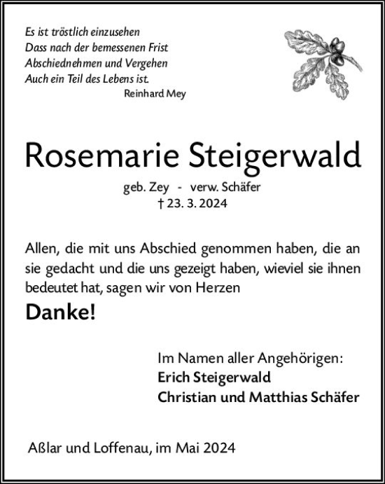 Traueranzeige von Rosemarie Steigerwald von Wetzlarer Neue Zeitung