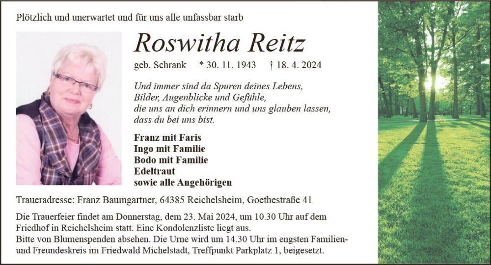  Traueranzeige für Roswitha Reitz vom 04.05.2024 aus Odenwälder Echo