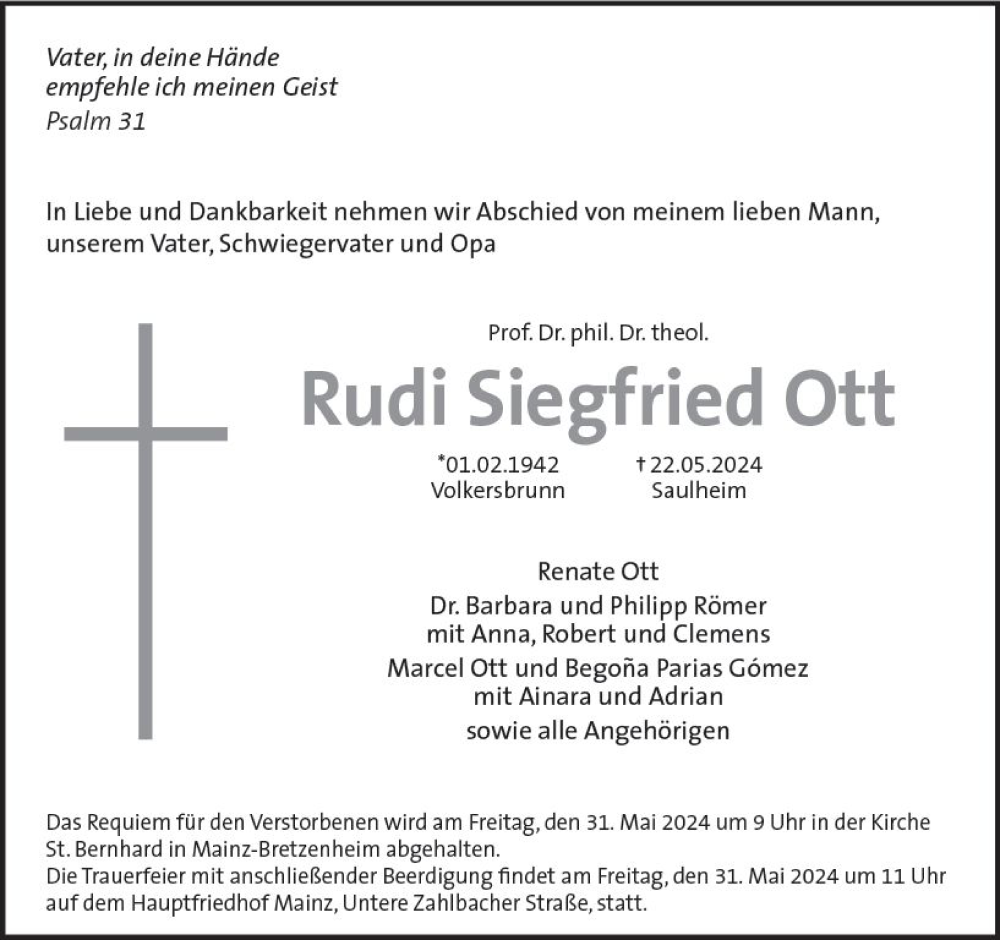  Traueranzeige für Rudi Siegfried Ott vom 25.05.2024 aus Allgemeine Zeitung Mainz