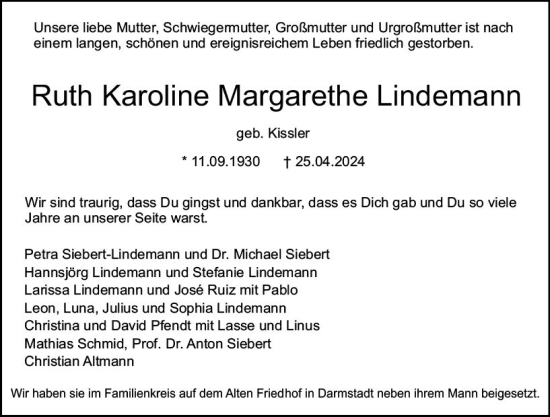Traueranzeige von Ruth Karoline Margarethe Lindemann von Darmstädter Echo