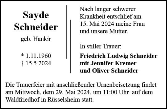 Traueranzeige von Sayde Schneider von Rüsselsheimer Echo