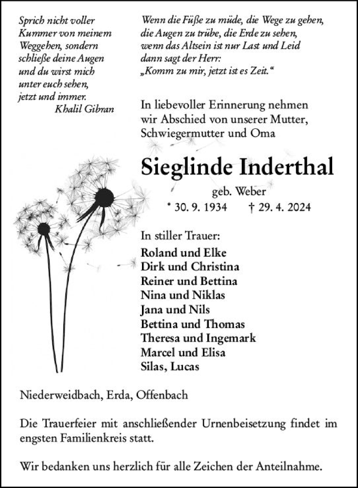  Traueranzeige für Sieglinde Inderthal vom 06.05.2024 aus Wetzlarer Neue Zeitung