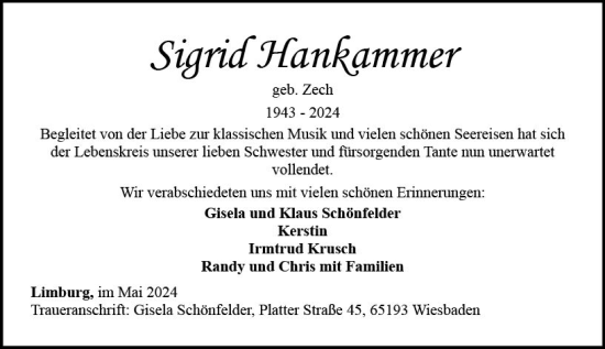 Traueranzeige von Sigrid Hankammer von Nassauische Neue Presse
