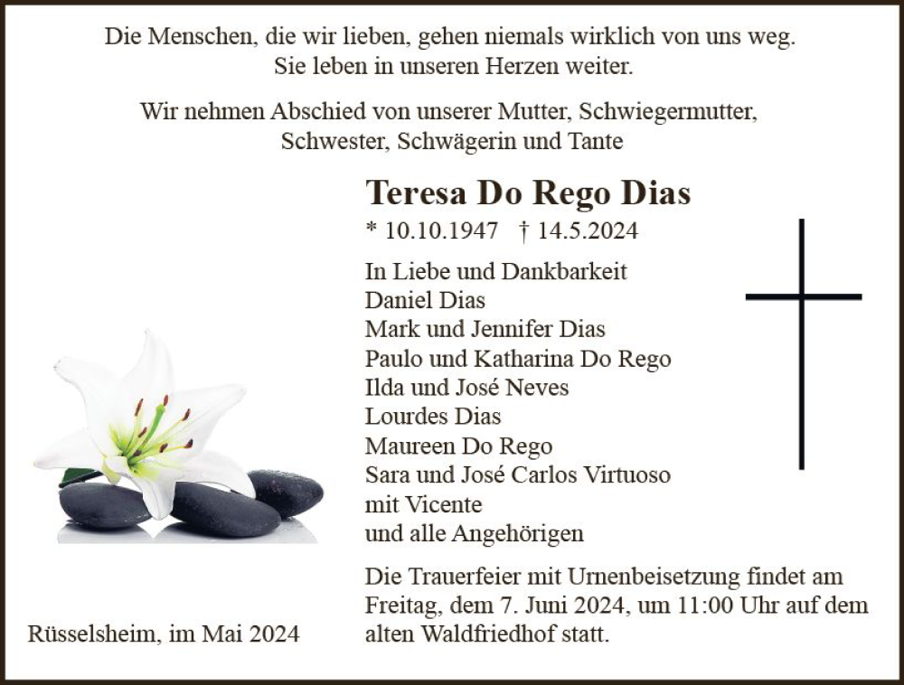  Traueranzeige für Teresa Do Rego Dias vom 25.05.2024 aus Rüsselsheimer Echo