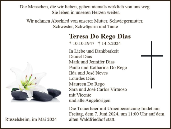 Traueranzeige von Teresa Do Rego Dias von Rüsselsheimer Echo