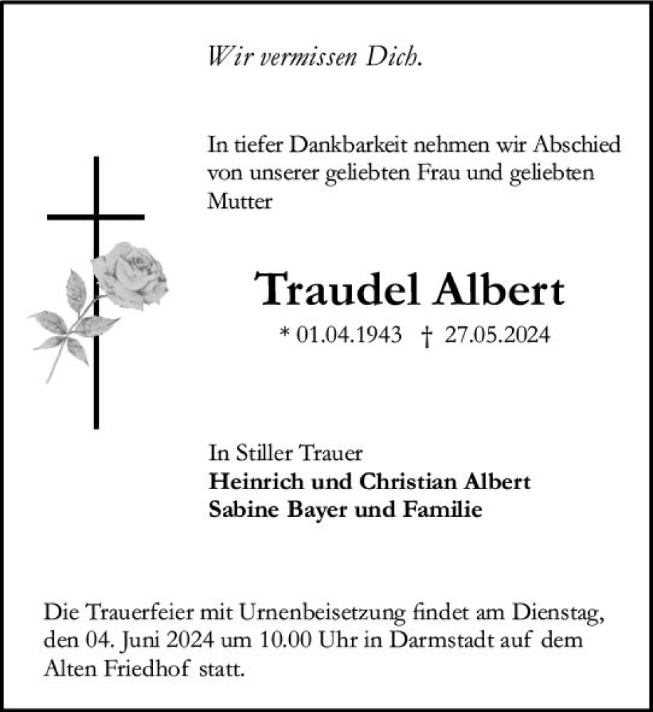  Traueranzeige für Traudel Albert vom 01.06.2024 aus Darmstädter Echo