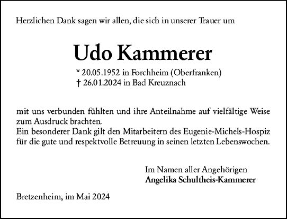  Traueranzeige für Udo Kammerer vom 25.05.2024 aus Allgemeine Zeitung Bad Kreuznach