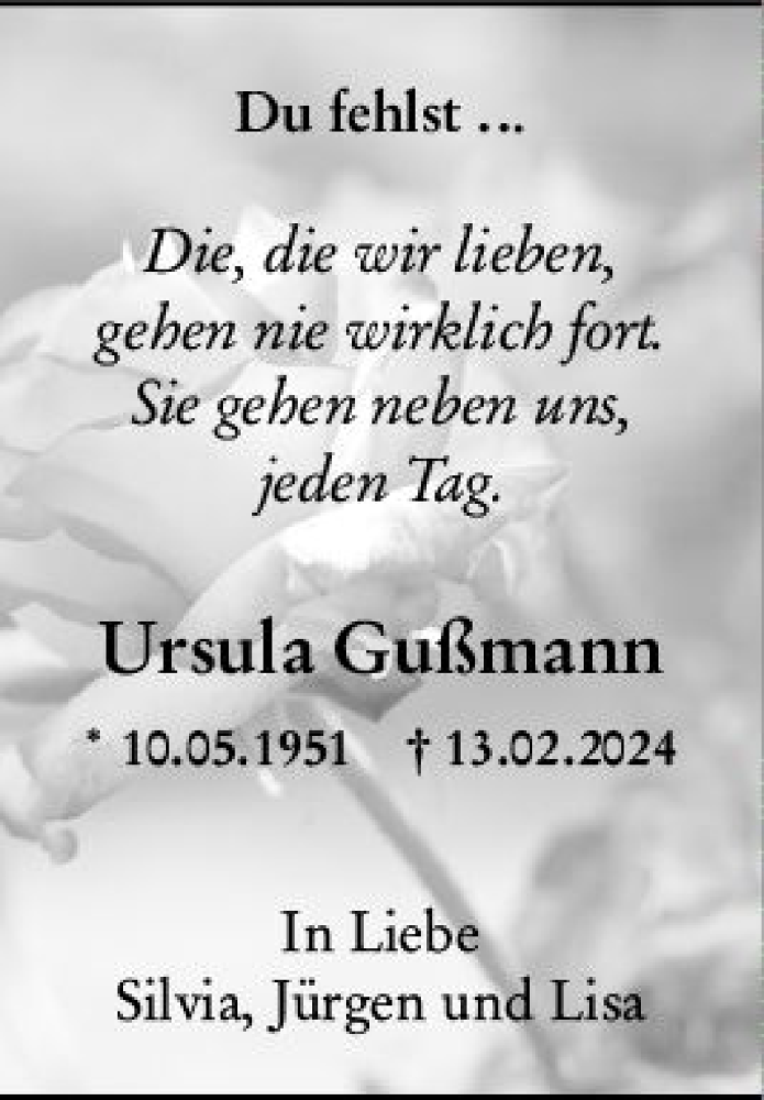  Traueranzeige für Ursula Gußmann vom 10.05.2024 aus Darmstädter Echo