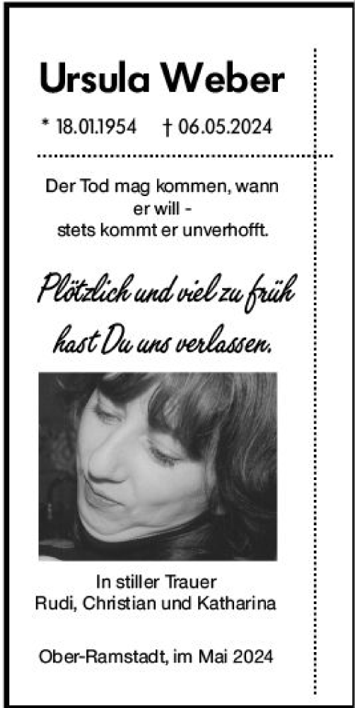  Traueranzeige für Ursula Weber vom 18.05.2024 aus Darmstädter Echo
